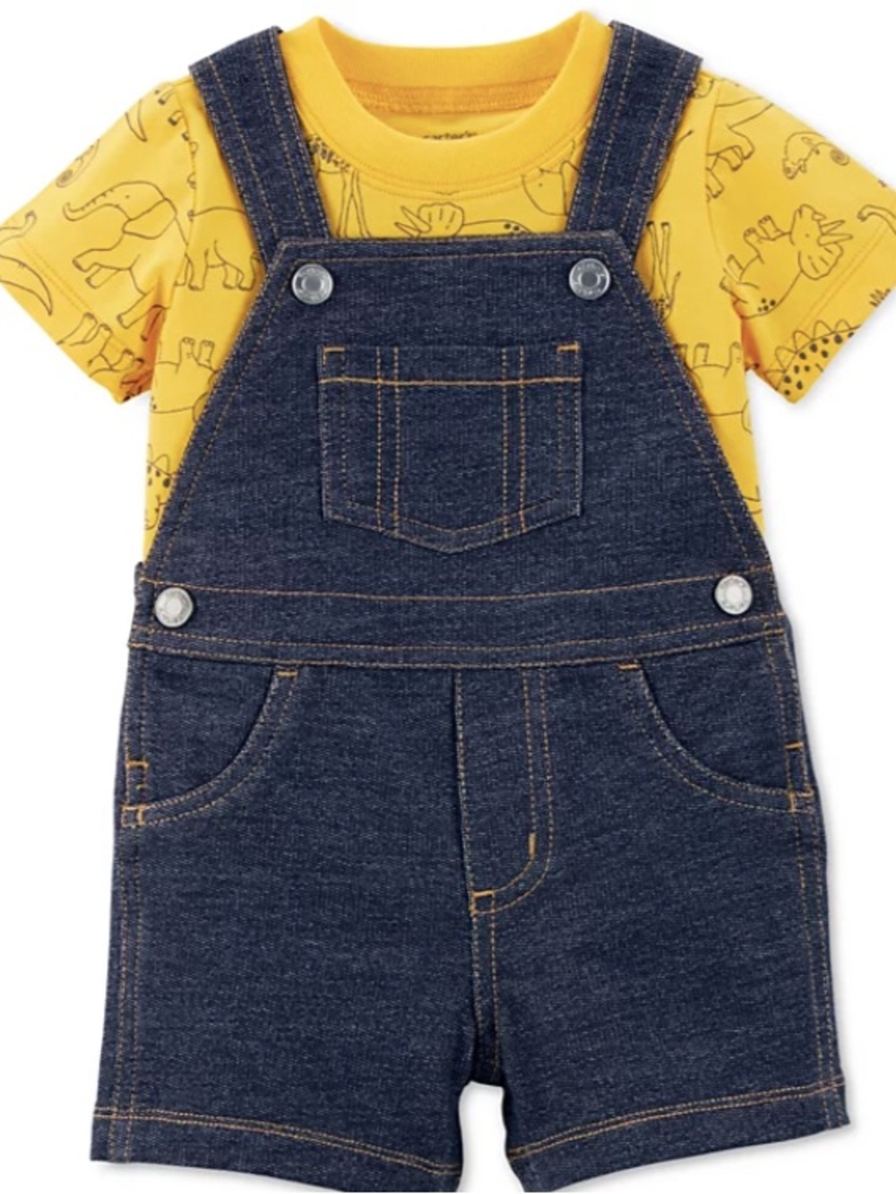 Toddler Dark Blue Denim Short Overalls with Yellow Dinosaur Tee